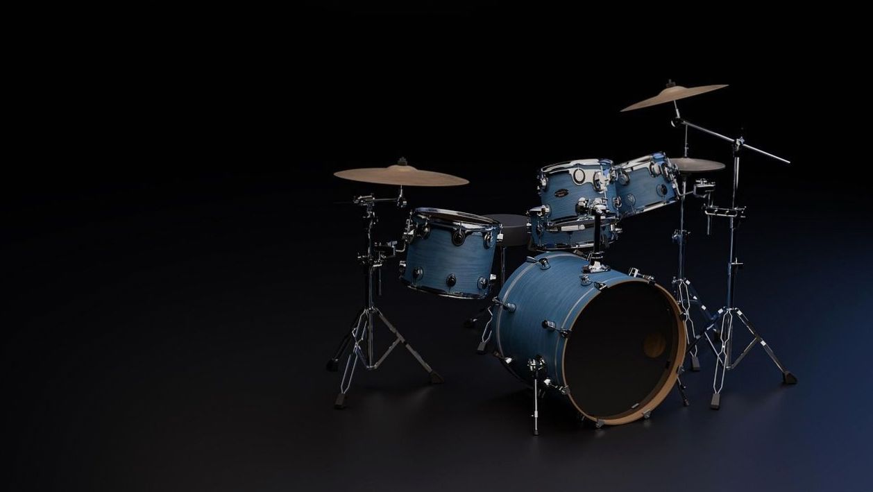 Acoustic drum kit on a dark background