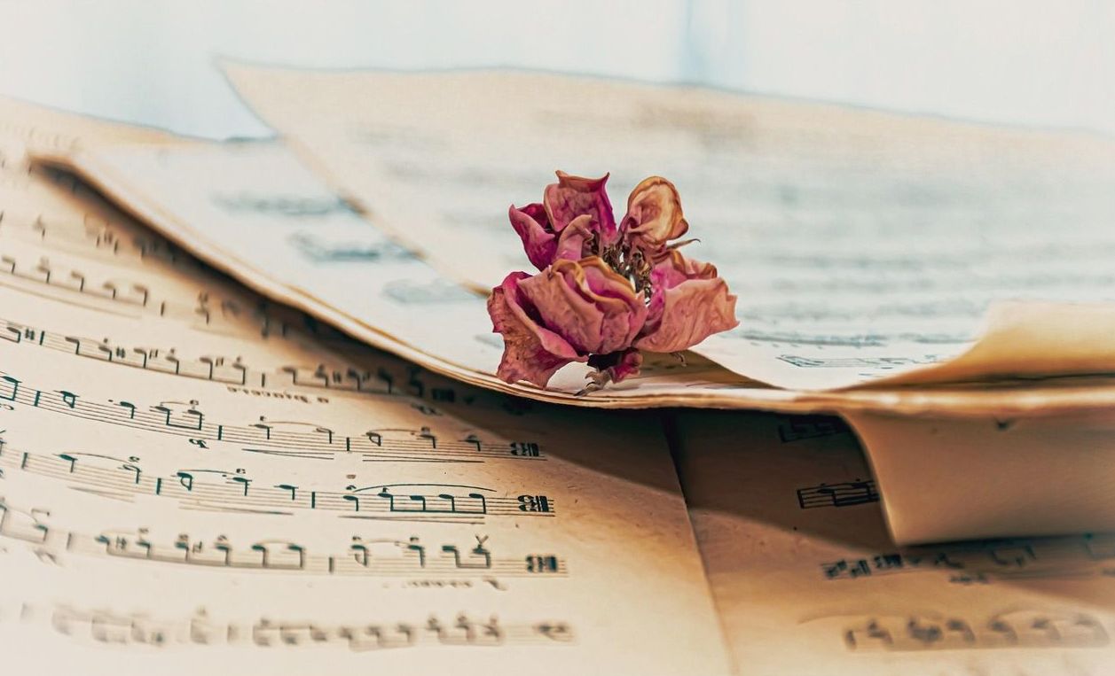 Dried rose on vintage sheet music